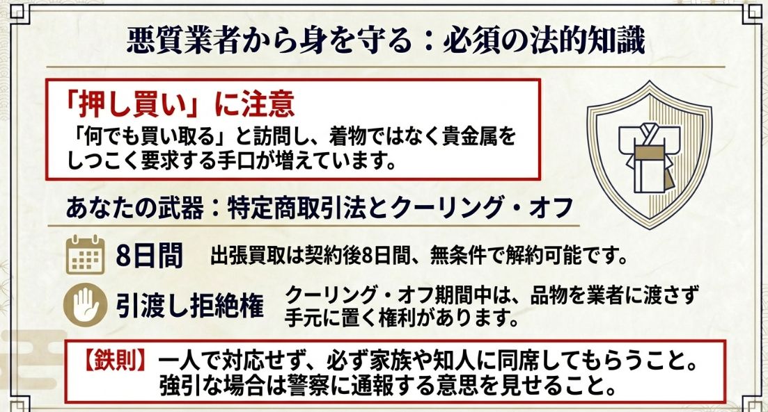 特定商取引法に基づく8日間のクーリング・オフ制度や、引渡し拒絶権など、悪質業者への対策をまとめた図解