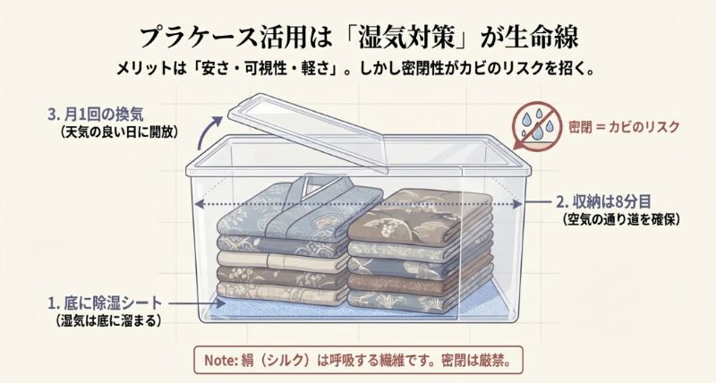 プラケース収納のコツ（底に除湿シート、8分目の収納、月1回の換気）と、シルクの密閉厳禁を解説する図解。
