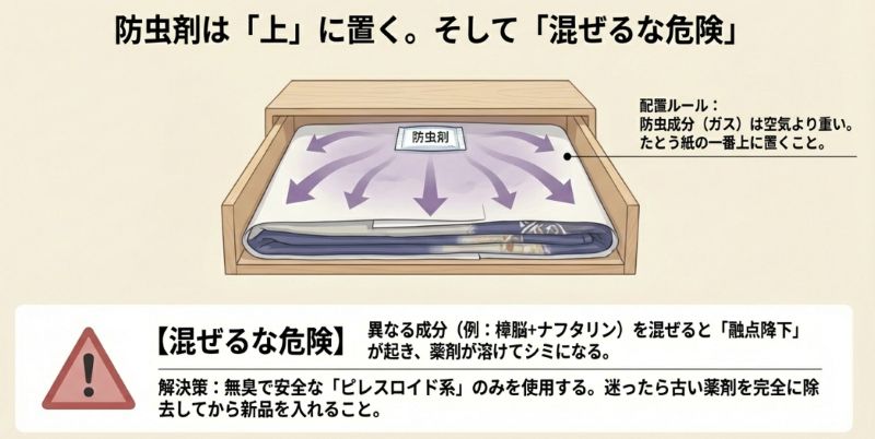 防虫ガスは空気より重いため一番上に置くことや、異なる成分を混ぜることで薬剤が溶ける「融点降下」の危険性を説明するスライド。