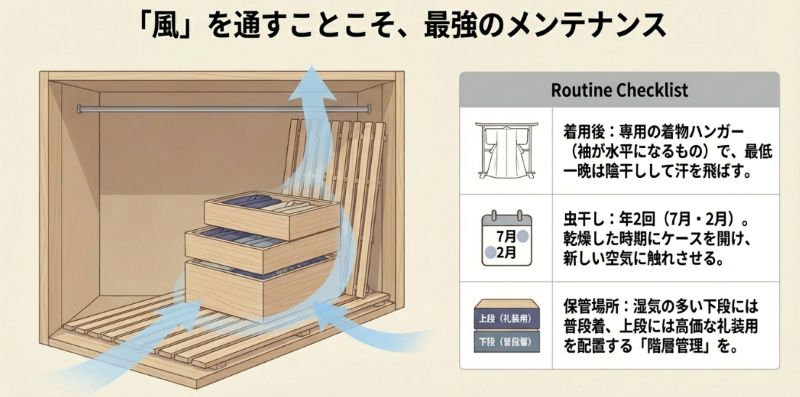 すのこを敷いて空気の通り道を作ること、年2回の虫干しルーチン、上段と下段で着物を分ける階層管理の解説図。