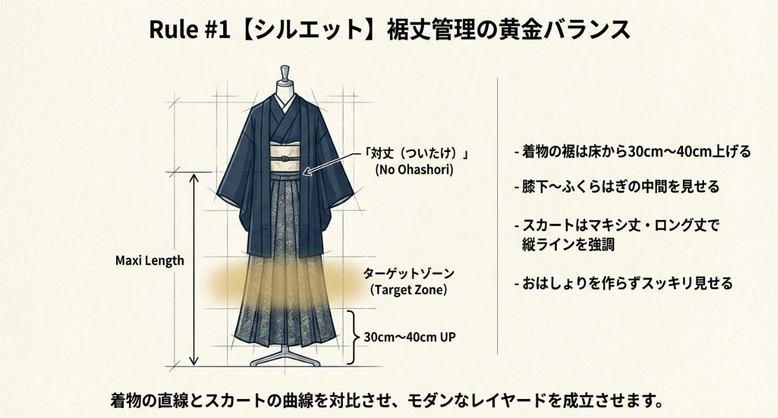 着物の裾を床から30〜40cm上げ、膝下からふくらはぎの中間を見せる黄金比の解説図。おはしょりを作らない「対丈(ついたけ)」での着こなしを推奨。