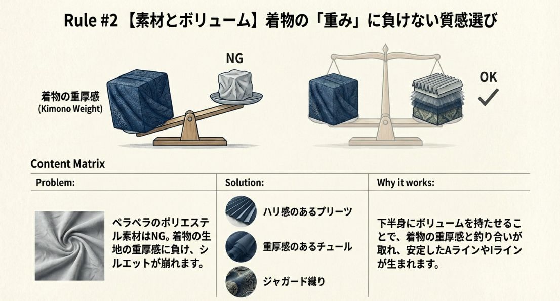 着物の重みとスカートのボリュームのバランスを示す天秤の図。薄すぎるポリエステルはNGとし、ハリのあるプリーツやチュール、ジャガード織りを推奨。