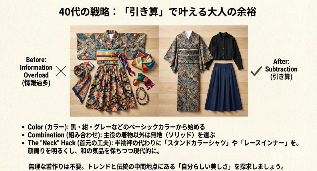 情報過多なBeforeと、ベーシックカラーや無地を選びスタンドカラーシャツ等を合わせたAfterの比較図。引き算で大人世代の余裕を演出する解説。