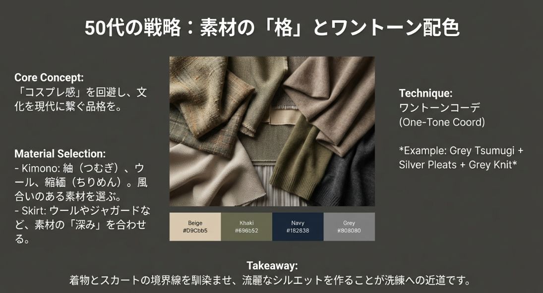 紬や縮緬などの風合いある着物と、ウールやジャガードのスカートを合わせる素材の「格」の合わせ方。ベージュやネイビーなどのワントーンコーデの例。