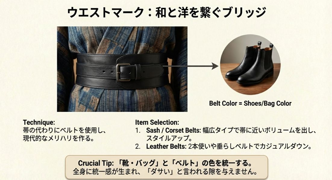 帯の代わりに太めのサッシュベルトやレザーベルトを使用した実例。ベルトの色を靴やバッグと統一することで全身をまとめるテクニック。