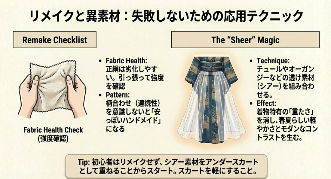 リメイク前の生地の強度確認方法と、チュールやオーガンジーなどのシアー素材(透け感)を組み合わせて軽やかさを出すテクニックの図解。