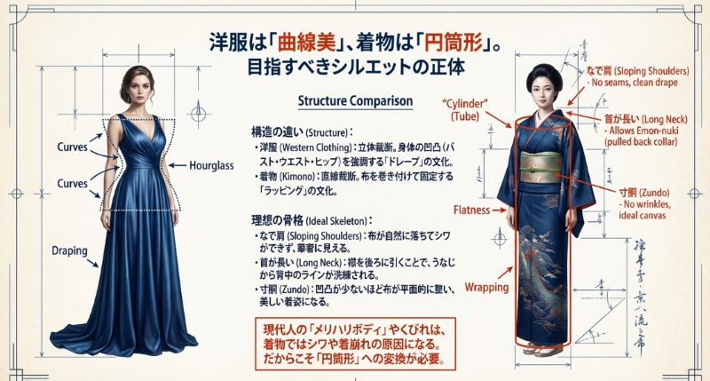 洋服は身体の凹凸を強調するドレープ構造、着物は布を巻き付けて円筒形を作るラッピング構造であることを示した図解。なで肩、長い首、寸胴（Zundo）が理想とされる理由の解説を含む。