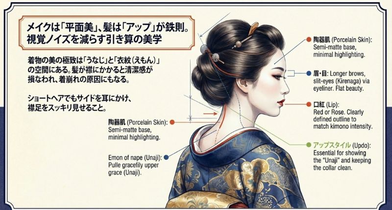 セミマットな陶器肌、切れ長の目元、はっきりとした口紅などの和装メイクのポイントと、衣紋を美しく見せるためのアップスタイルの重要性を示した図解。