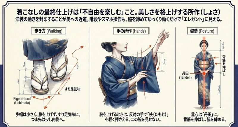 内股で歩幅を小さくする歩き方、袖口を押さえる手の動き、丹田に重心を置く姿勢など、和装特有の美しい所作を解説したイラスト。