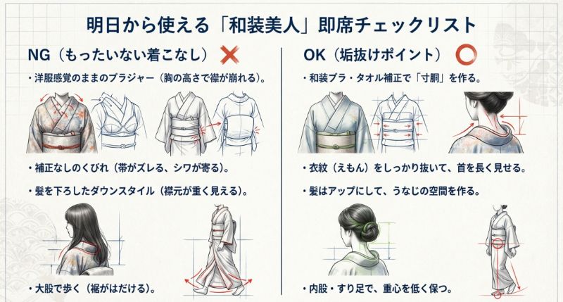 洋服感覚の着こなし（NG例）と、補正や衣紋の抜き方、歩き方を整えた着こなし（OK例）を比較した視覚的なチェックリスト。