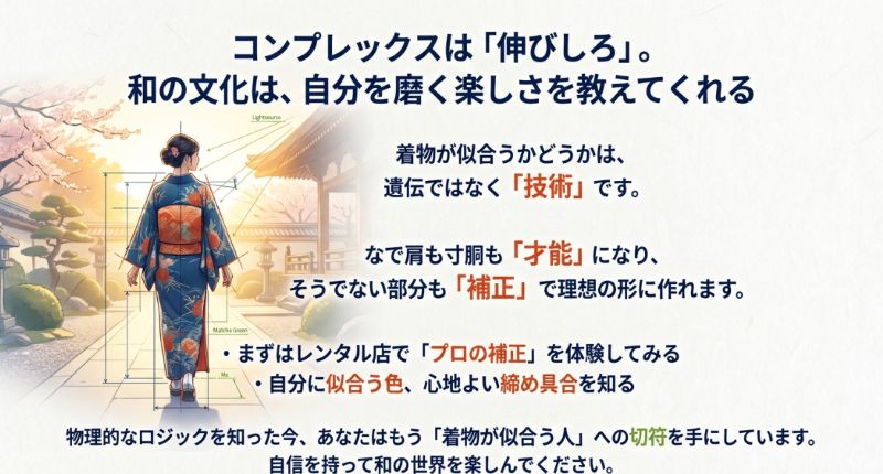 「着物が似合うかどうかは遺伝ではなく技術」というメッセージと共に、自分を磨く楽しさを伝えるスライドのまとめ。