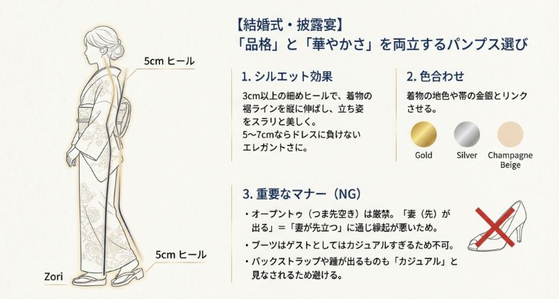 結婚式で品格を保つためのヒール高（3〜7cm）や色合わせのコツ、およびNGとされるオープントゥ等の解説図。