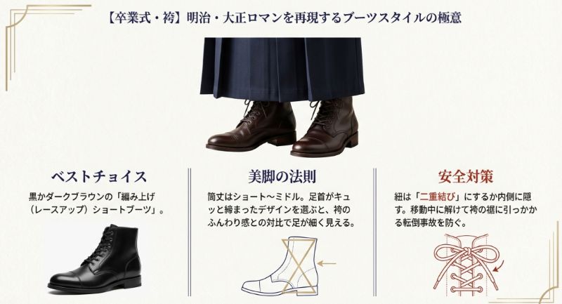 袴に最適な編み上げブーツの選び方、美脚に見せる筒丈の法則、および安全のための紐の結び方の解説。