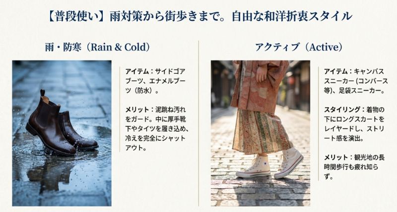 雨の日や防寒に適したサイドゴアブーツと、アクティブな街歩きに合うスニーカーのスタイリングメリットの紹介。