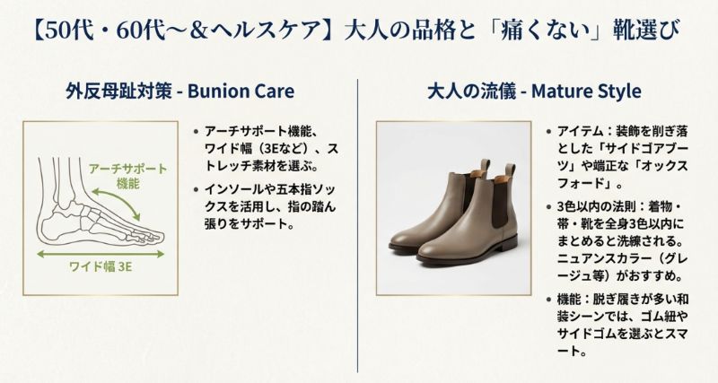 外反母趾対策のアーチサポート機能やワイド幅の選び方、および大人世代に似合うサイドゴアブーツや3色以内の法則の紹介。