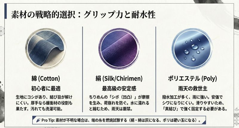 綿、絹（ちりめん）、ポリエステルの生地表面の拡大写真。それぞれの摩擦力、耐水性、結びやすさのメリット・デメリットを解説。