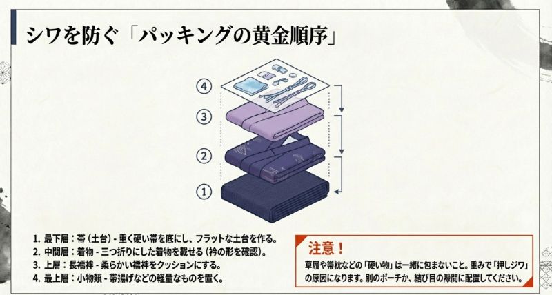 下から帯、着物、長襦袢、小物類の順に重ねて層を作る様子を示した立体的なパッキング図。硬い物を一緒に包まないという注意書き付き。