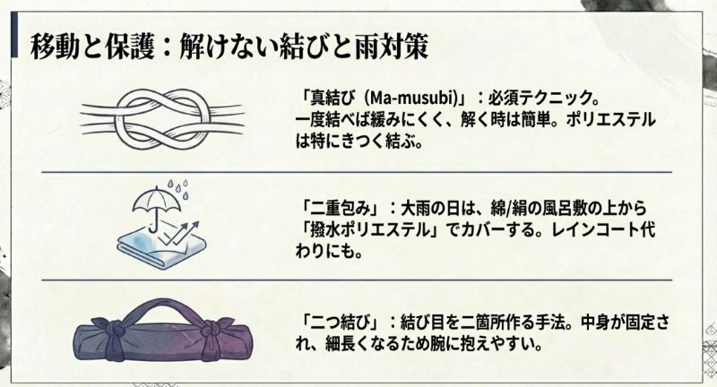 正しい真結びの構造図と、雨対策の二重包み、荷物を固定して抱えやすくする「二つ結び」のイラスト。