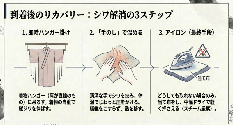 着物ハンガーに吊るす、手のしで温める、当て布をしてアイロンを掛けるという、シワ解消のための3つのステップを段階的に示したイラスト。
