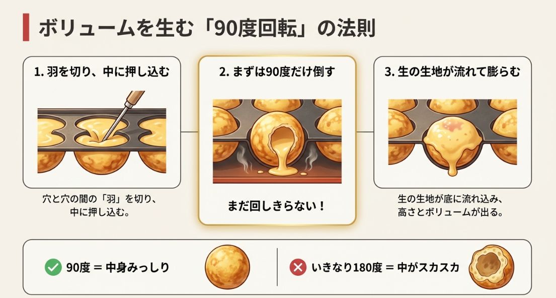 たこ焼きの羽を回収し、90度ずつ回して中身を詰めるプロの回転技術図解