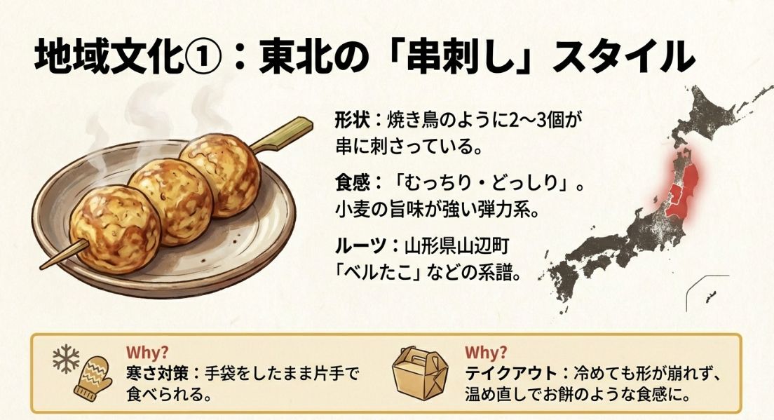山形県などで親しまれている、2〜3個が串に刺さったどっしり系のたこ焼き