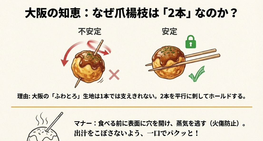 「ふわとろ」生地を安定して持ち上げ、火傷を防ぐための爪楊枝2本使いのマナー