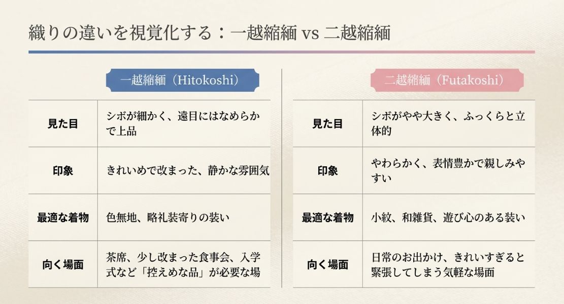 一越縮緬と二越縮緬の見た目、印象、最適な着物、向く場面を比較した対比図。