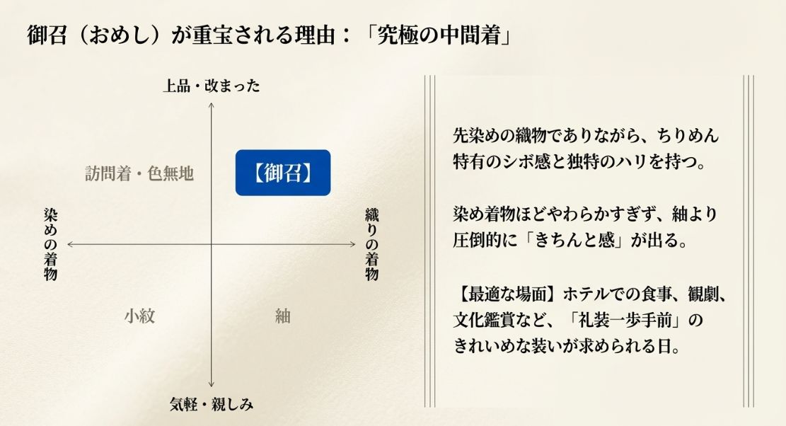 染めの着物(訪問着・色無地・小紋)と織りの着物(紬)の中間に位置する「御召」のメリットと最適な場面を説明した図。
