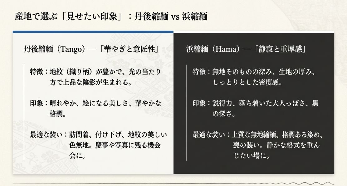 華やぎと意匠性の「丹後縮緬」と、静寂と重厚感の「浜縮緬」それぞれの特徴と最適な装いを比較したスライド。