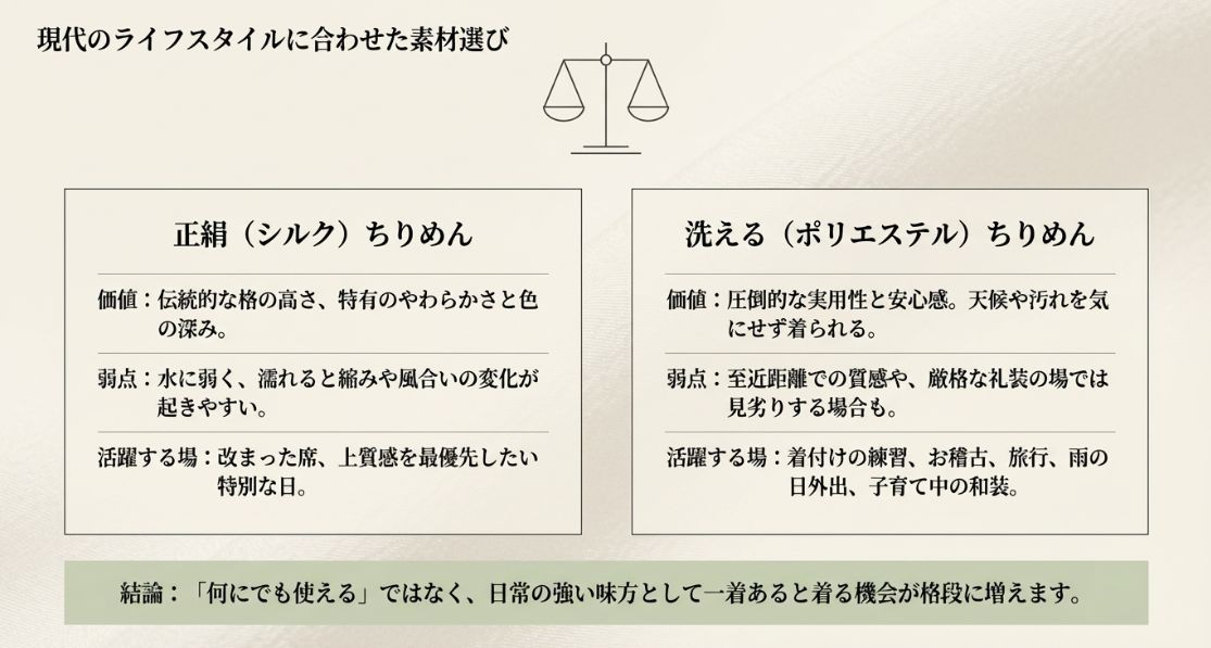 天秤のイラストとともに、伝統的価値のある正絹ちりめんと、実用性の高い洗えるちりめんのメリット・デメリットを比較した図。