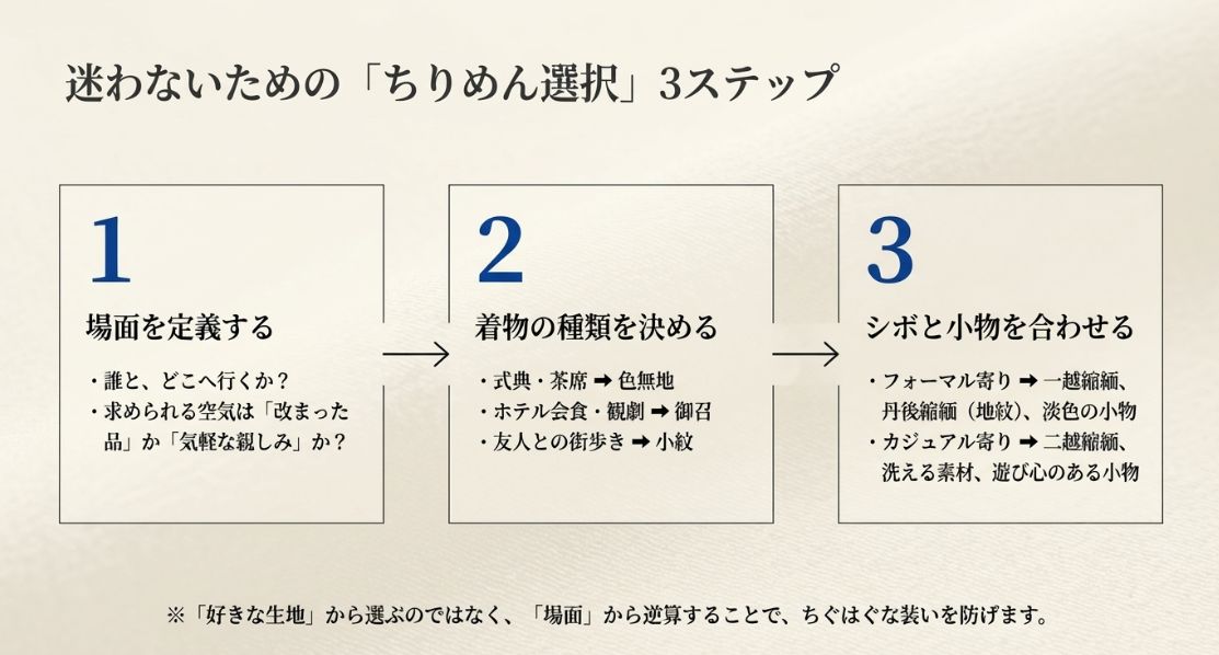 1.場面の定義、2.着物の種類、3.シボと小物の調整、という3つのステップでちりめんを選ぶ手順をまとめた図。