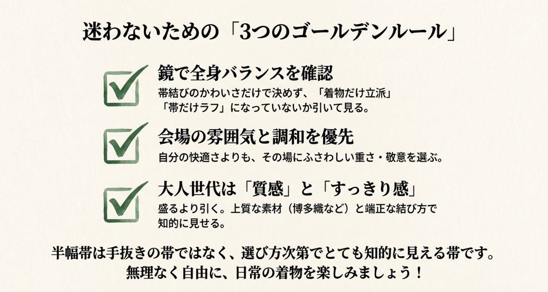 全身バランスの確認、会場との調和、質感とすっきり感の重視という、大人世代が半幅帯で迷わないための3つのルールまとめ。