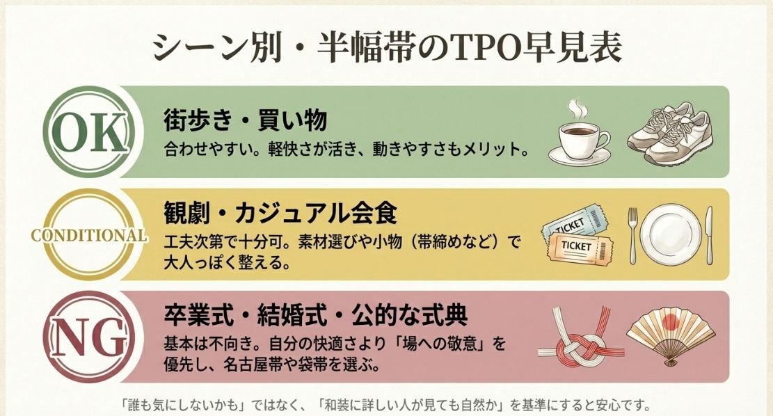 街歩き・買い物（OK）、観劇・カジュアル会食（工夫次第）、式典・結婚式（NG）をアイコンで示したTPO早見表。