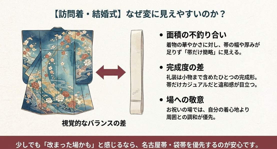 華やかな訪問着の面積に対し、半幅帯の幅が細すぎて「帯だけ簡略」に見える視覚的なバランスの差を説明する図。