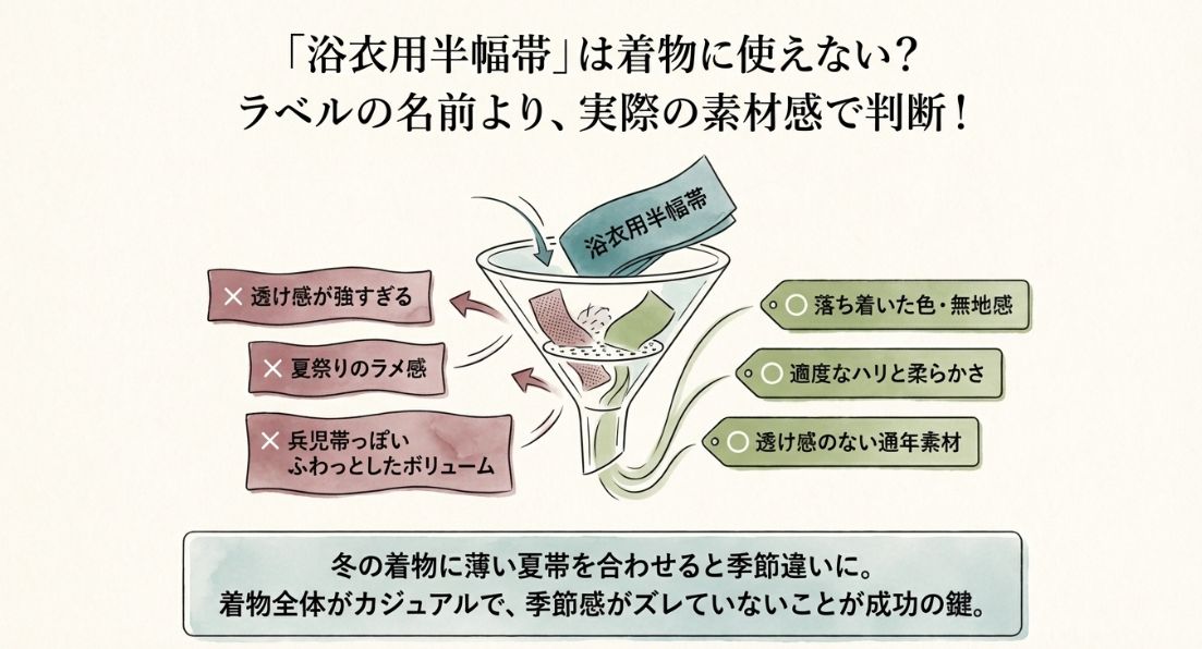 浴衣用半幅帯を着物に流用する際の判断基準。ラメ感や透け感があるものはNG、落ち着いた色やハリのある通年素材はOKと示す漏斗状の図解。