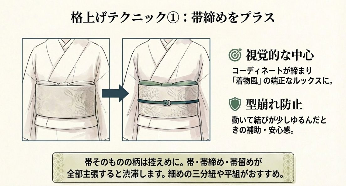 半幅帯のみの姿と、帯締めを一本足した姿の比較。視覚的な中心ができ、着こなしが引き締まる効果の解説。