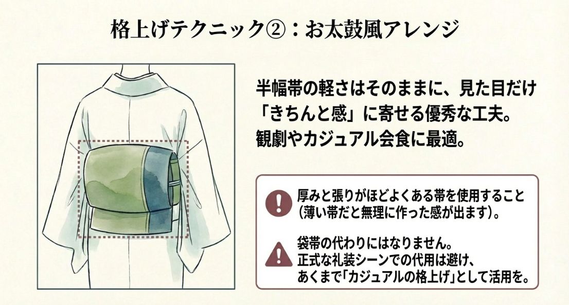 半幅帯を使ってお太鼓風に結んだ後ろ姿。カジュアルな会食や観劇に最適な「きちんと感」を出す工夫。