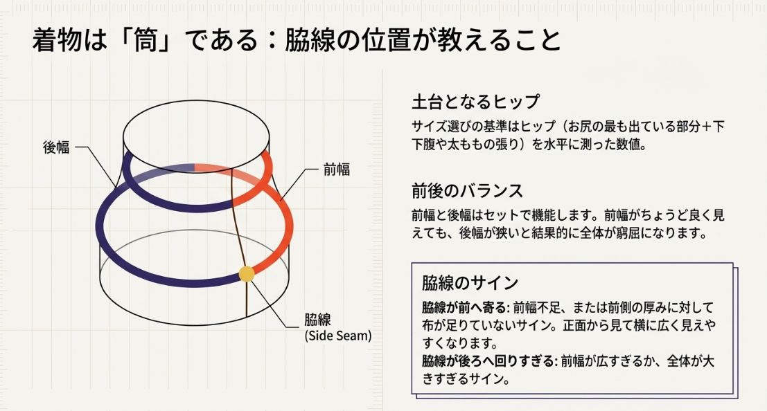 着物を筒として捉え、前幅・後幅・脇線の位置関係を示す立体的な図解。脇線が前後に寄る際の影響を解説。