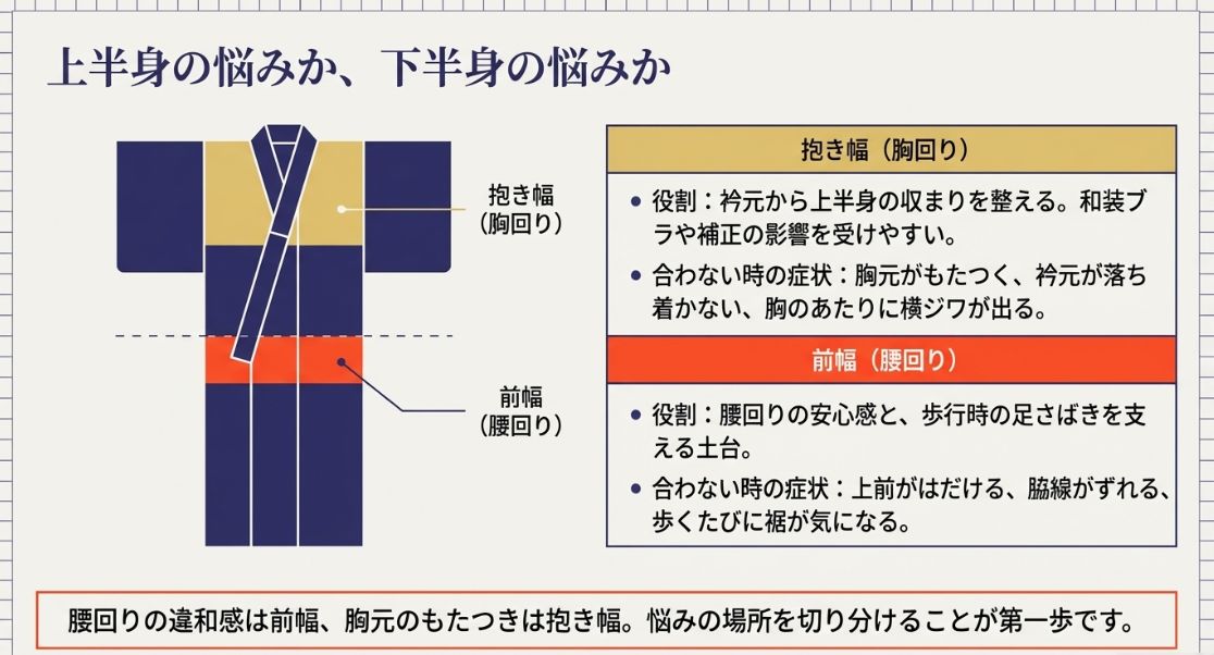 胸回りを整える抱き幅と、腰回りの土台となる前幅の違いを色分けして示したイラスト。