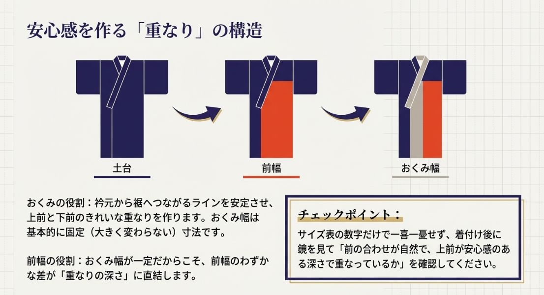 土台・前幅・おくみ幅が重なり合って着物の前面を作る構造。前幅が重なりの深さに直結することを示す。