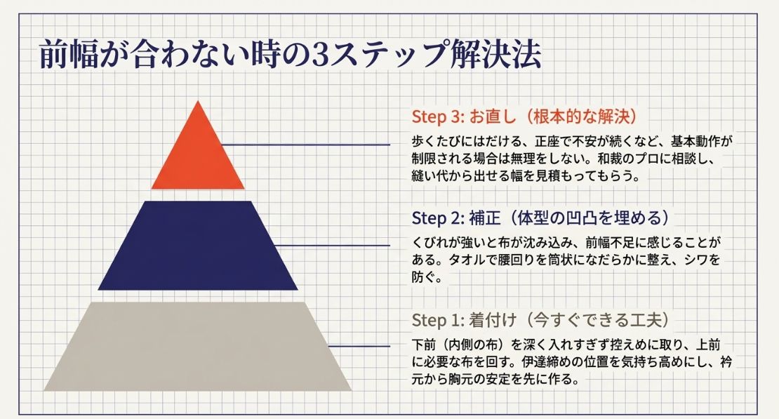 前幅が合わない時の解決法。ステップ1着付けの工夫、ステップ2タオルの補正、ステップ3和裁のお直し。