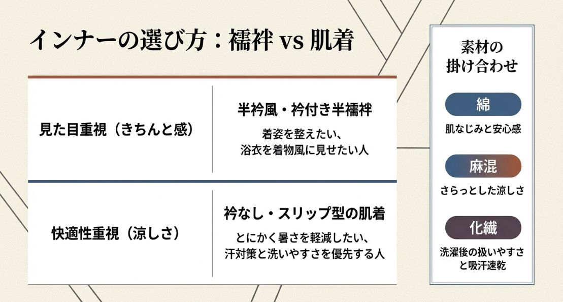 見た目重視の「衿付き半襦袢」と快適性重視の「衿なし肌着」の比較、および綿・麻混・化繊の素材特性のまとめ。