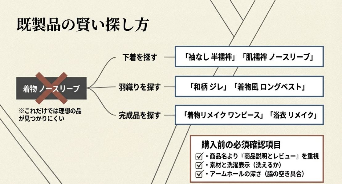 「和柄ジレ」や「着物リメイクワンピース」などの具体的な検索ワードと、購入前に確認すべきアームホールの深さなどのチェックリスト。