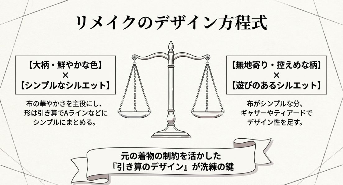 大柄にはシンプルなシルエットを、無地には遊びのあるシルエットを掛け合わせる「引き算のデザイン」の解説。