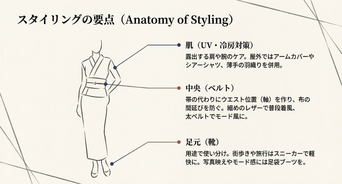 UV対策の肌ケア、帯の代わりのベルトによる軸作り、スニーカーや足袋ブーツの使い分けのまとめ。