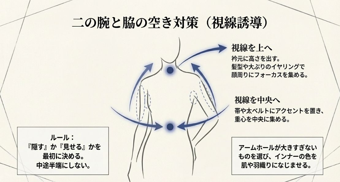 衿元やウエストに視線を誘導する図解。「隠す」か「見せる」かを最初に決めるルールの解説。
