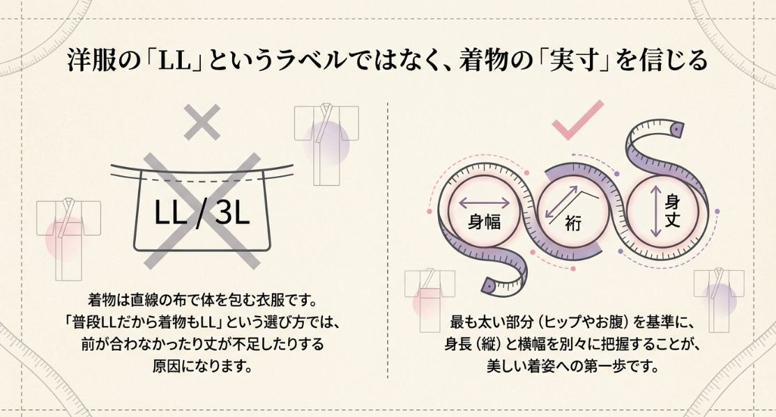 洋服のLLなどのラベルではなく、着物の実寸（身幅・裄・身丈）を基準に選ぶことの大切さを解説した図解。