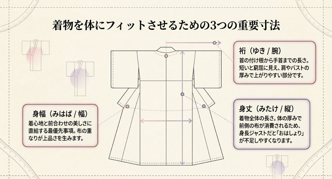 裄（腕の長さ）、身幅（布の重なり）、身丈（全体の長さ）の3つの定義と、それぞれが着姿にどう影響するかを説明する図。