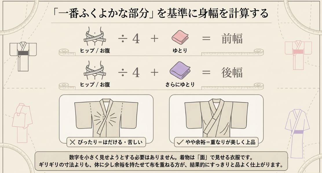 ヒップやお腹の最も太い部分を基準にした身幅の計算式と、ぴったりすぎてはだける状態とやや余裕があり上品な状態の比較図。