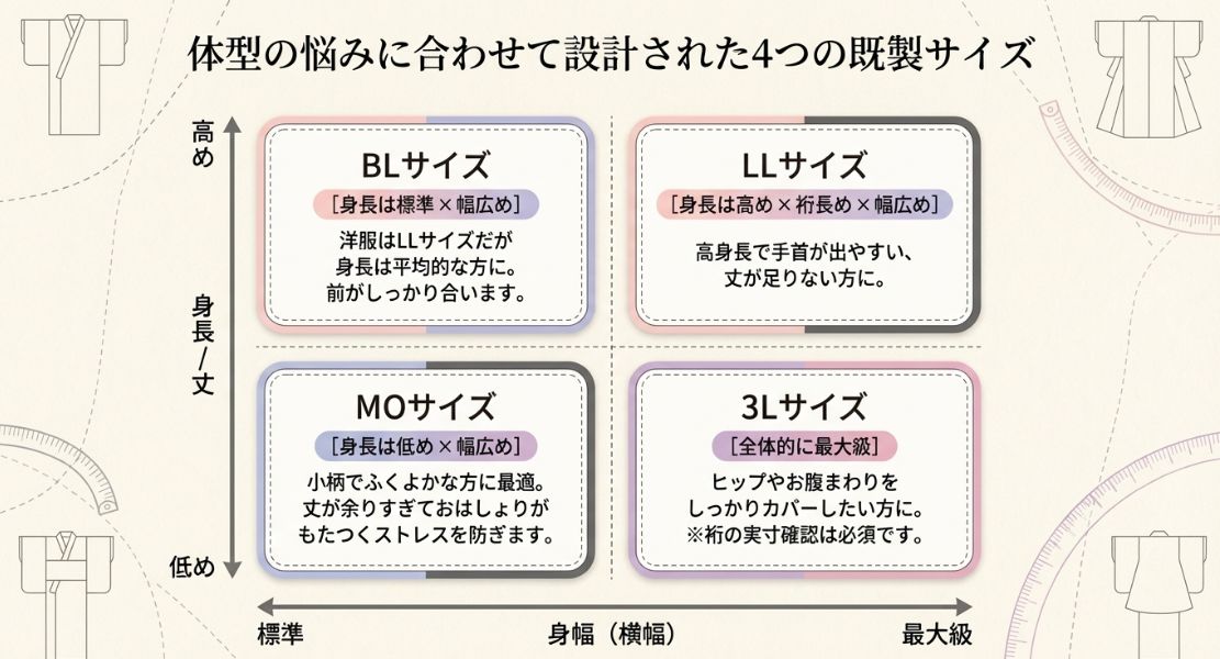 身長と身幅のバランスで選ぶ4つのサイズ（BL、LL、MO、3L）の分布図。身長高め・低め、幅広めなどの特徴を比較。
